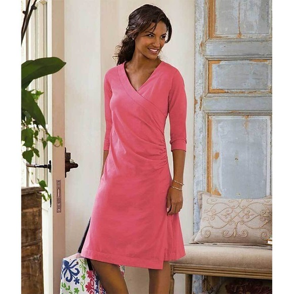 Soft Surroundings Dresses & Skirts - Soft Surroundings Wear Anywhere Faux Wrap Pink Cotton Dress 3/4 Sleeve Size L